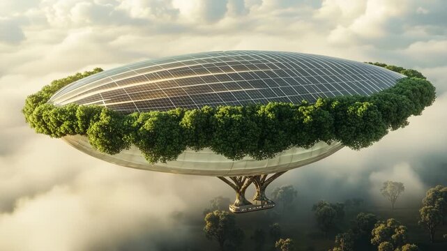 A solar-powered airship, shaped like a tree canoe, glides over a lush forest with integrated solar panels