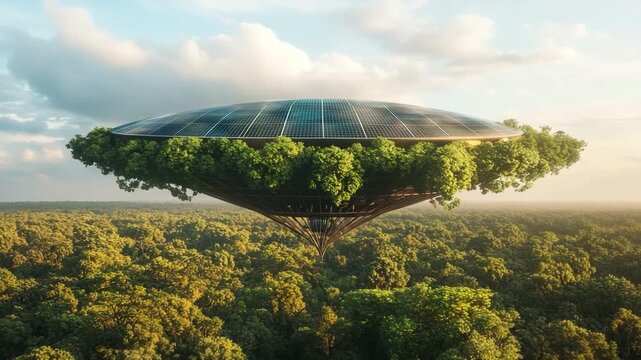 A solar-powered airship, shaped like a tree canoe, glides over a lush forest with integrated solar panels
