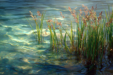 Ephemeral Shadows of Tall Grasses Dancing on Rippled Shallow Water in Soft Morning Light