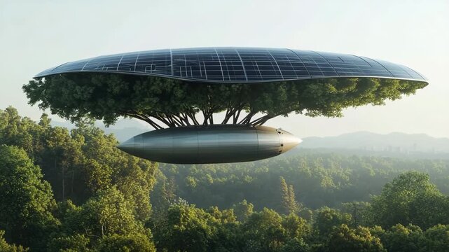 A solar-powered airship, shaped like a tree canoe, glides over a lush forest with integrated solar panels