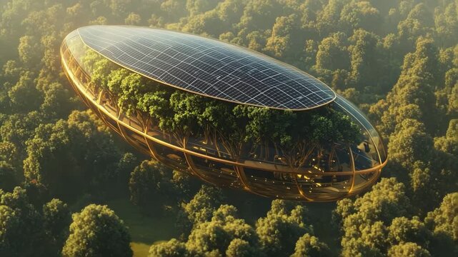 A solar-powered airship, shaped like a tree canoe, glides over a lush forest with integrated solar panels