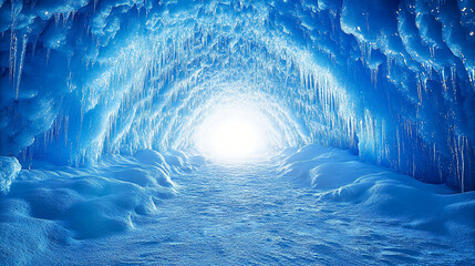 Icy cave grotto tunnel with sharp icicles and glowing light at the end, frozen landscape, cold winter environment, atmospheric digital illustration 