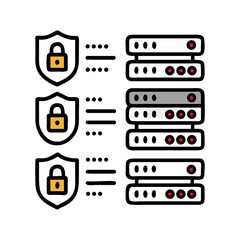 Lock and shield icons with servers illustration for cybersecurity and protection concept
