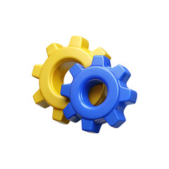 Two interlocking gears yellow and blue isolated on transparent background