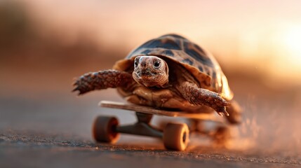 A playful turtle rides a skateboard along a road during sunset, capturing a whimsical moment that blends humor and nature's beauty, creating a lighthearted and fun atmosphere.