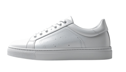 A stylish white leather sneaker with white soles, showcasing a blend of classic and modern design