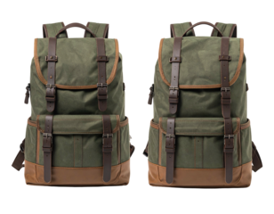 Pair of olive green canvas & brown leather vintage travel backpacks