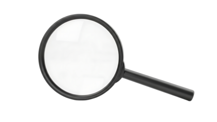 Magnifying glass with a dark handle and a large circular lens showing reflections, cutout, PNG isolated on transparent background