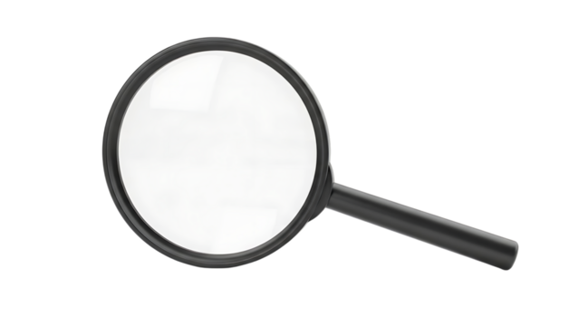 Magnifying glass with a dark handle and a large circular lens showing reflections, cutout, PNG isolated on transparent background