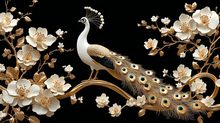 Elegant golden and white seamless floral design with flowers and peacocks on a black backdrop, metallic Italian-Chinese inspired 3D modern mural artwork, perfect for luxury wallpaper and decor