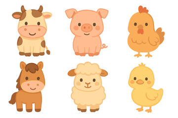 Cute cartoon farm animals gathered together in a bright and cheerful setting for a fun illustration