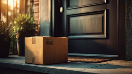 A brown cardboard box rests on a concrete doorstep in warm sunlight, signifying a recent delivery from online shopping or a shipment.