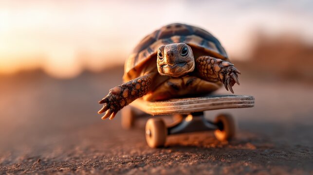 An adorable tortoise rides a mini skateboard, capturing the fun of unconventional adventures while showcasing personality and spirit against a golden sunset backdrop.