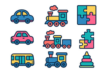 Colorful collection of toy vehicles and puzzles on a white background suitable for children's learning and play