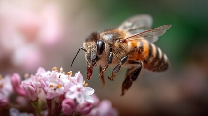 A breathtaking close-up of a bee hovering in mid-air close to flowers, showcasing the elegance and complexity of bees in their natural habitat.