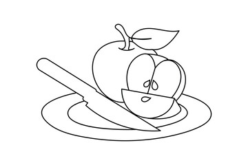 Outline of apple, slices, and knife on a plate, simple drawing illustration