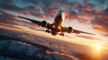 An airplane flies gracefully against a stunning sunset backdrop, capturing the essence of adventure and travel, highlighting the beauty of flight in the evening sky.