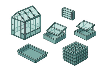 Garden tools and equipment including greenhouse, trays, and propagation boxes for plant growth