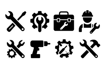 Collection of black and white construction and repair icons displaying tools and a working professional at a job site