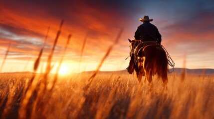 Fototapeta premium A silhouette of a cowboy on horseback against a stunning sunset, surrounded by golden grass, evokes a sense of freedom and adventure in a beautiful natural landscape.