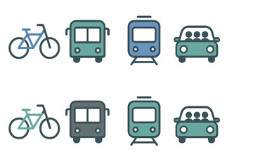 Various modes of transportation including bicycles, buses, trains, and cars displayed in a simple graphic design layout