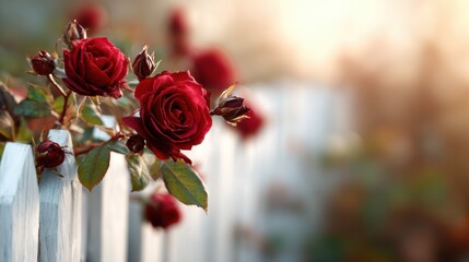 This beautiful composition captures blooming red roses gracefully intertwined with a white fence, symbolizing love, beauty, and the elegance of nature in springtime.