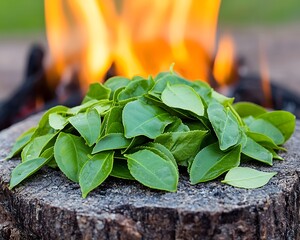 Fresh Green Tea Leaves on Rustic Stump by Samhain Bonfire