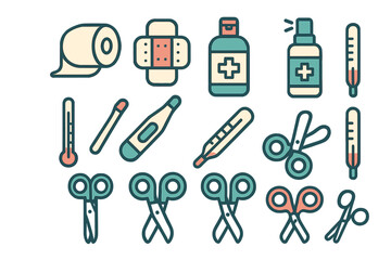 Essential medical supplies for home first aid kit including bandages, thermometers, and scissors