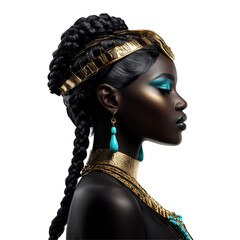 Elegant african female portrait with braided hair and gold turquoise adornments