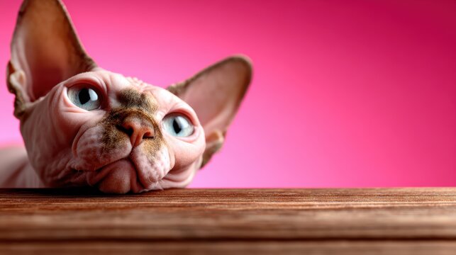 An adorable Sphynx cat with unique features nestles on a wooden table, its large blue eyes and soft pink skin bring a sense of playful charm and unique companionship, captivating all. - Powered by Adobe