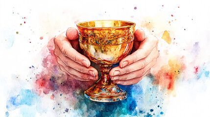 Eucharist, Corpus Christi, hands holding sacred chalice, soft watercolor backdrop, religious digital illustration, holy communion artwork, spiritual Christian theme, delicate watercolor texture 