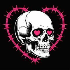 omantic skull with heart eyes and barbed wire heart frame in punk love tattoo style