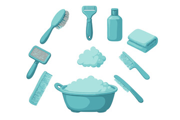 Bright turquoise pet grooming supplies arranged in a circular layout showcasing various tools for washing and caring for animals