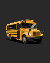 Clean vector illustration of classic yellow school bus on dark background in minimal style