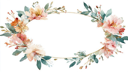 Obraz premium Elegant watercolor oval floral frame featuring soft pink and peach blossoms with muted green leaves, perfect for delicate designs and invitations.