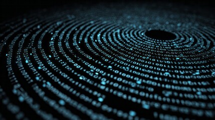 Digital information streams form concentric circles receding into a dark void