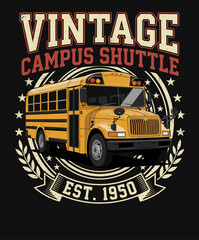 Vintage campus shuttle design with retro yellow school bus and stars in nostalgic style