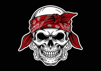 Aggressive skull with red bandana on black background in tattoo style illustration