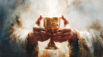 Eucharist, Corpus Christi, hands holding sacred chalice, soft watercolor backdrop, religious digital illustration, holy communion artwork, spiritual Christian theme, delicate watercolor texture 