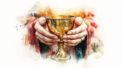 Eucharist, Corpus Christi, hands holding sacred chalice, soft watercolor backdrop, religious digital illustration, holy communion artwork, spiritual Christian theme, delicate watercolor texture 