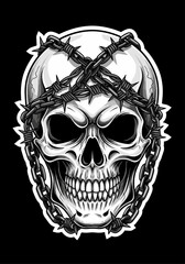 Aggressive skull entangled in barbed wire and chains on dark background in monochrome style