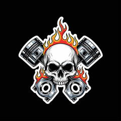 Flaming skull with crossed pistons and engine elements in bold mechanic tattoo style