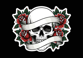 Skull with roses and blank ribbon banner in vintage tattoo style on black background