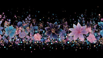 Ethereal floral border with glowing blue, purple, and pink flowers outlined in gold, set against a dark background with sparkling light particles.