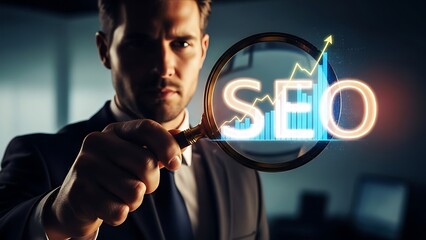 Analyzing Search Engine Optimization (SEO) performance with a magnifying glass to illustrate growth and strategy