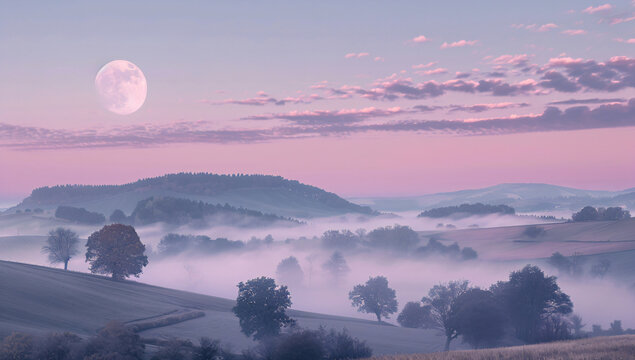 a full moon is rising over a foggy landscape