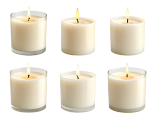 Six lit cream-colored candles in glass containers, glowing warmly