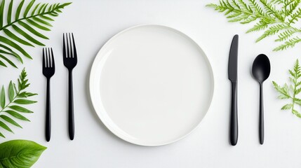 Overhead shot of a white plate, black cutlery, and green leaves arranged on a white surface. The composition creates a minimalist and elegant aesthetic.