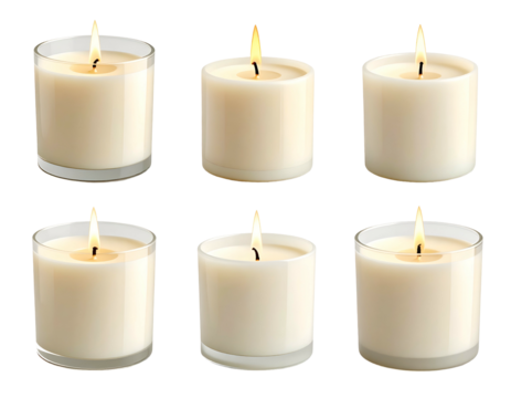 Six lit cream-colored candles in glass containers, glowing warmly