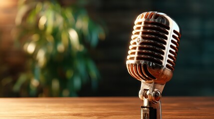 This image features a classic retro microphone, elegantly placed on a wooden table, conveying a sense of nostalgia and appreciation for music and performance.